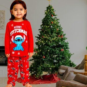 Kids Merry Stitchmas Christmas Pajama Set – Red Long Sleeve Top & Pants